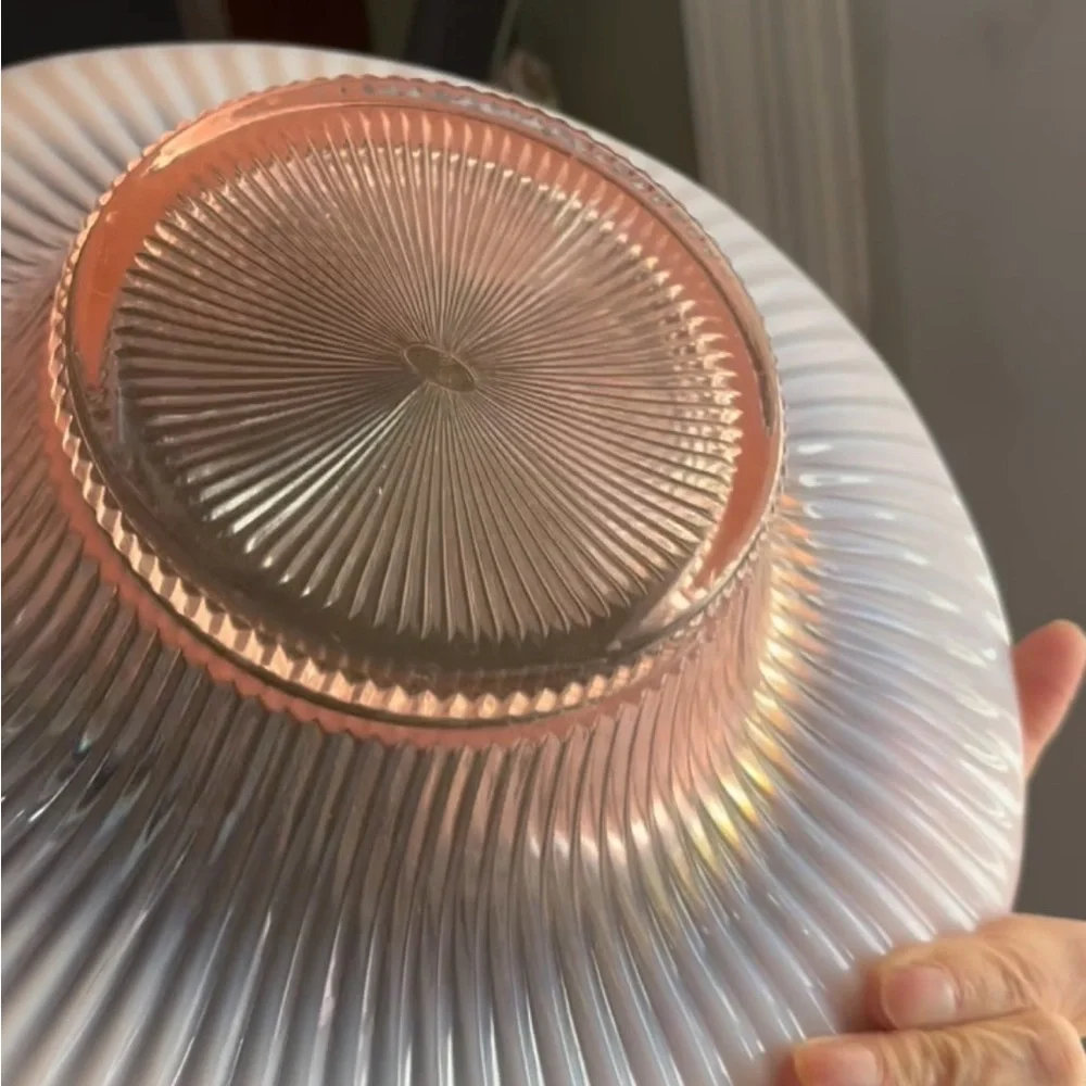 Fenton Stamped Peaches & Cream Iridescent Ribbed Pedestal Bowl, 13”